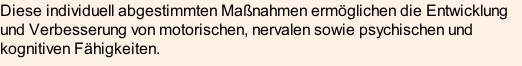 Diese individuell abgestimmten Maßnahmen ermöglichen die Entwicklung und Verbesserung von motorischen, nervalen sowie psychischen und kognitiven Fähigkeiten.